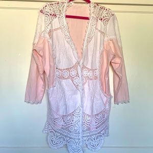 Vintage Pink lightweight jacket, white lace embroidered front, cottage core